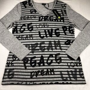 Striped Graphic Word Print Studded Knit Top Tricotto V Neck Streetwear Womens L